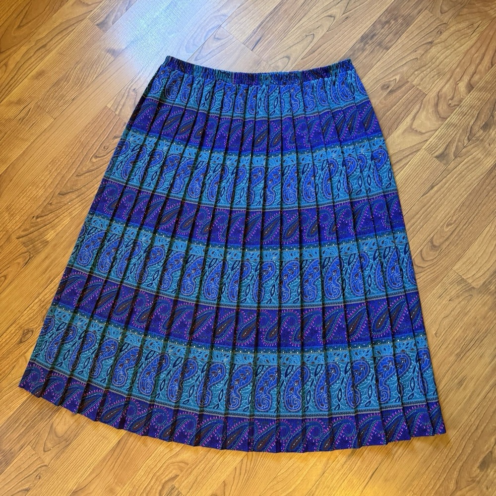 VTG 80s 90s  Blue Paisley Accordion Pleated Maxi Skirt XL Broomstick Skirt - Picture 2 of 7